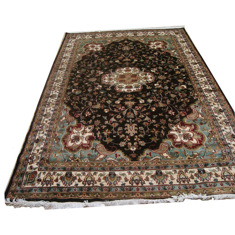 Rectangle Area Rug Chocolate Brown Floral Kashaan Hand Knotted Wool Silk Carpet (9 X 6)'