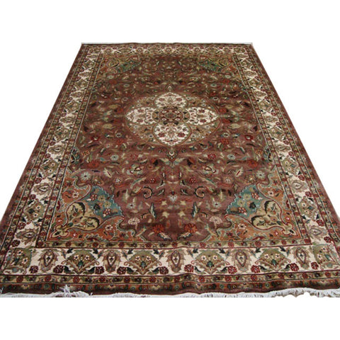 Rectangle Area Rug Brown Ivory Medallion Flowral Hand Knotted Wool Silk Carpet (9 X 6)'