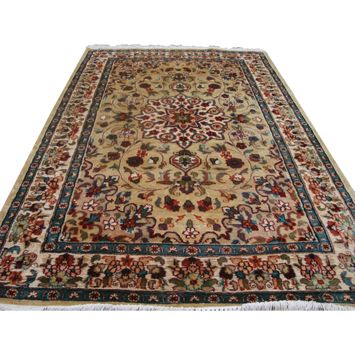 Beige Ivory Lovely Medallion Flower Area Rug Hand Knotted Wool Silk Carpet (6 X 4)'
