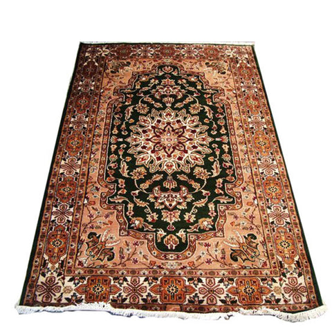 Royal Green Kasha Floral Medallion Hand Knotted Area Rug Wool Silk Carpet (6 X 4)'