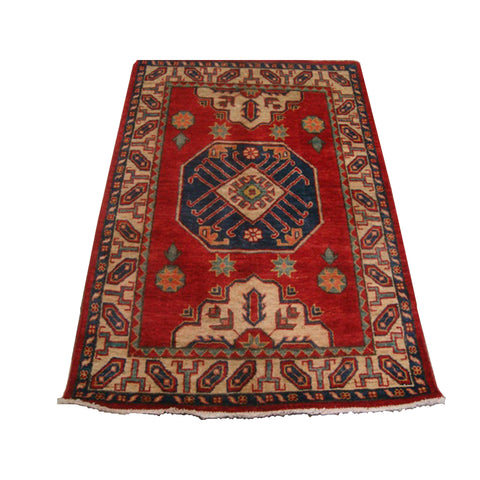 Super Kazak Caucasion Geometric Area Rug Hand Knotted Vegetable Dyed Ghazni Wool Carpet (4.9 x 3.3)'