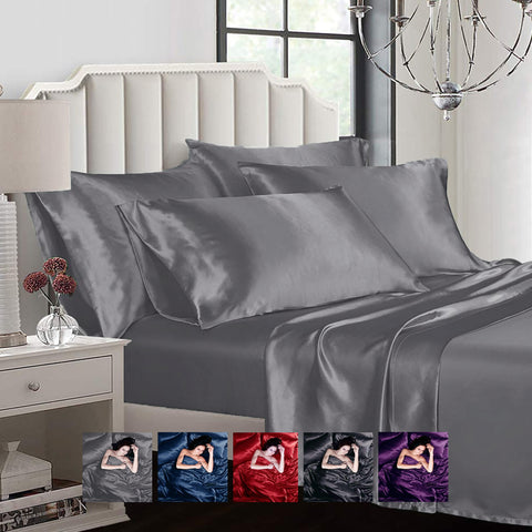 Satin 6pcs Silky Bedding Set Queen/King Duvet Cover Fitted Sheet & 4 Pillowcases