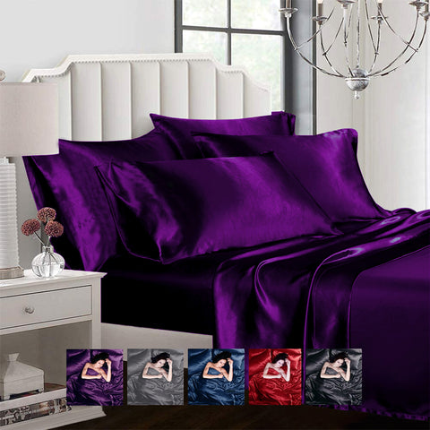 Satin 6pcs Silky Bedding Set Queen/King Duvet Cover Fitted Sheet & 4 Pillowcases