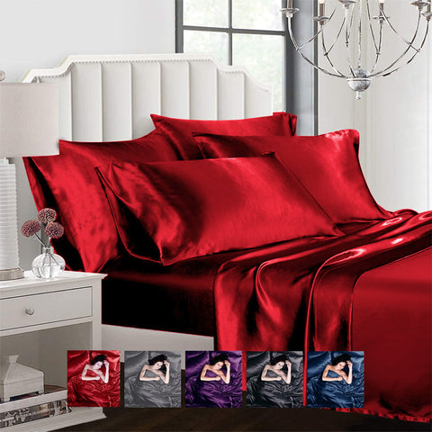 Satin 6pcs Silky Bedding Set Queen/King Duvet Cover Fitted Sheet & 4 Pillowcases