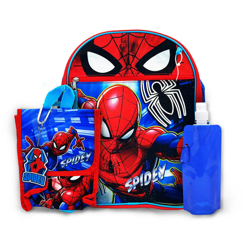 New Spiderman Backpack with Lunch Bag 2-Key Chains Water Bottle - 5 Pcs Set