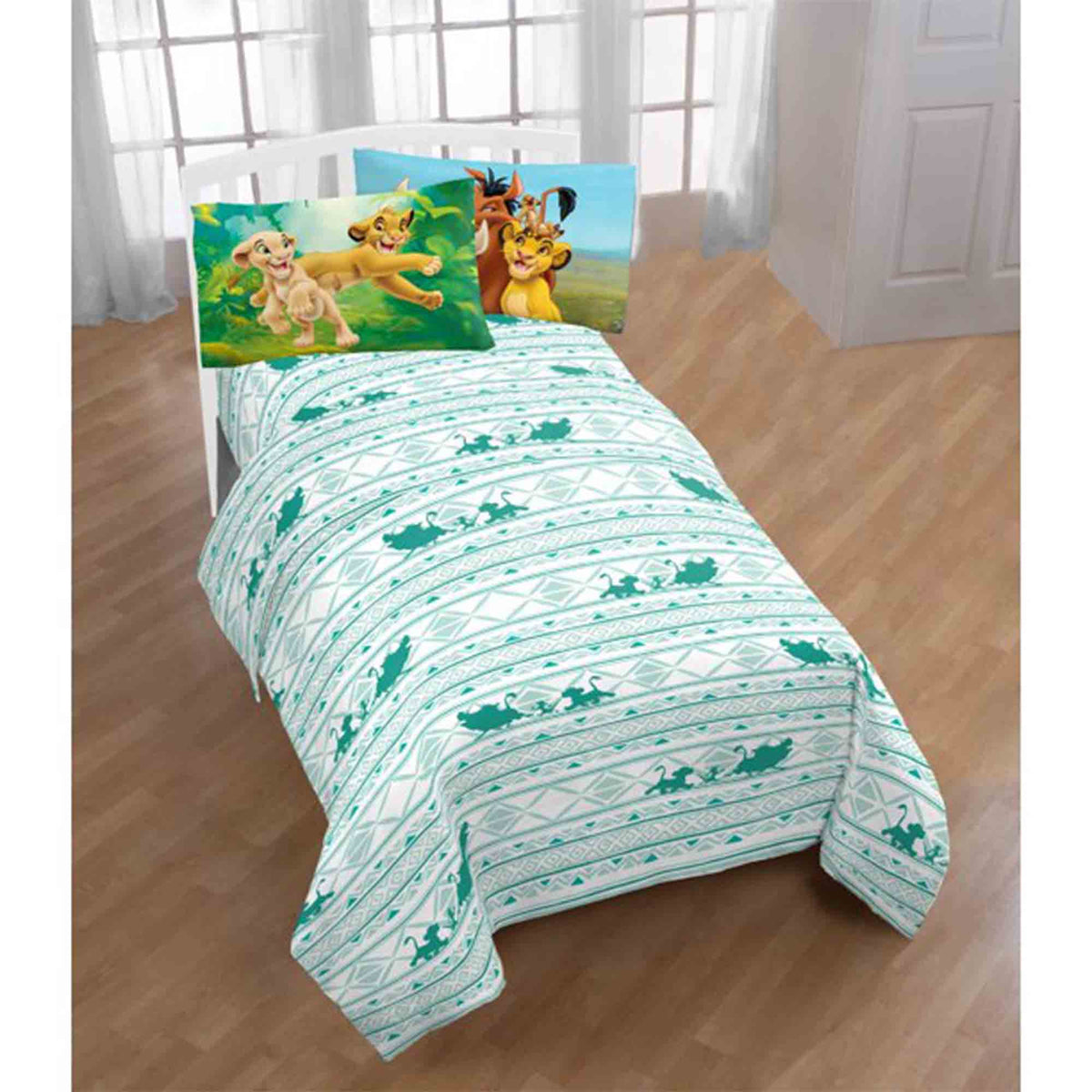 Disney Lion King Simba Timon Pumba Printed Green-White 3 Pcs Twin Sheet Set for Kids with Reversible Pillowcase